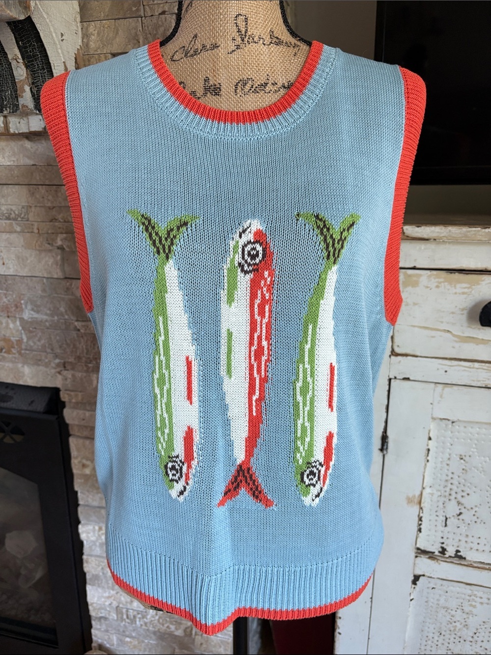 Sunday Edition fishy knit sweater vest light blue lightweight fish